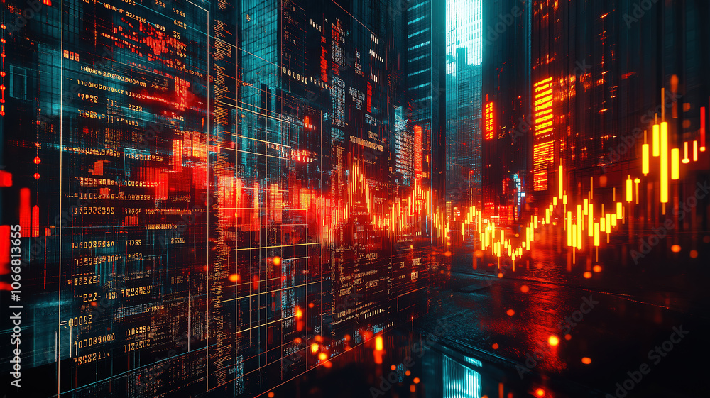 Poster visualizing a market crash concept with digital indicators and declining charts on cityscape
