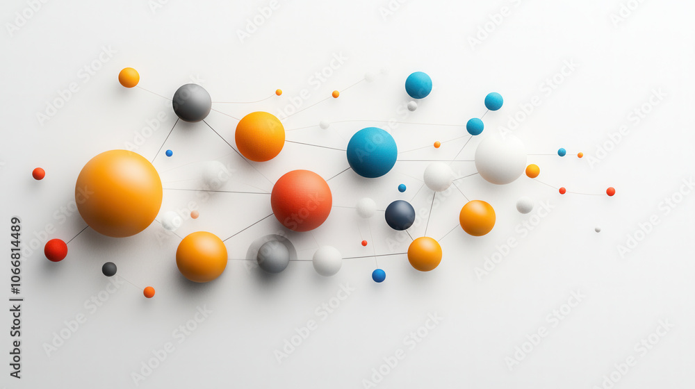 Poster colorful interconnected spheres on white background, representing unity and diversity in design. vib