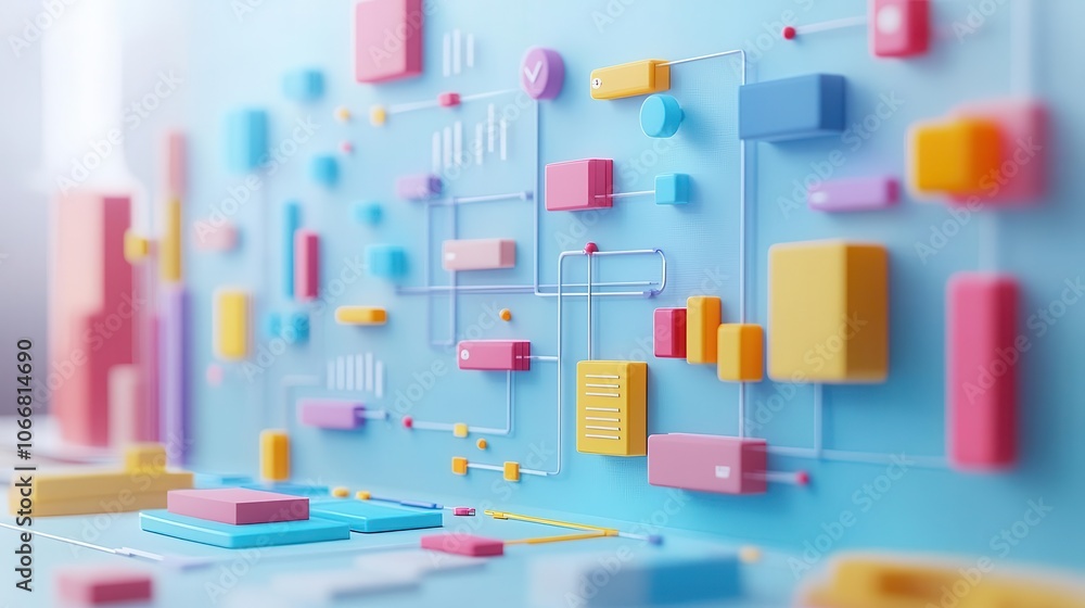 Poster a colorful, abstract digital representation featuring geometric shapes and connecting lines against 