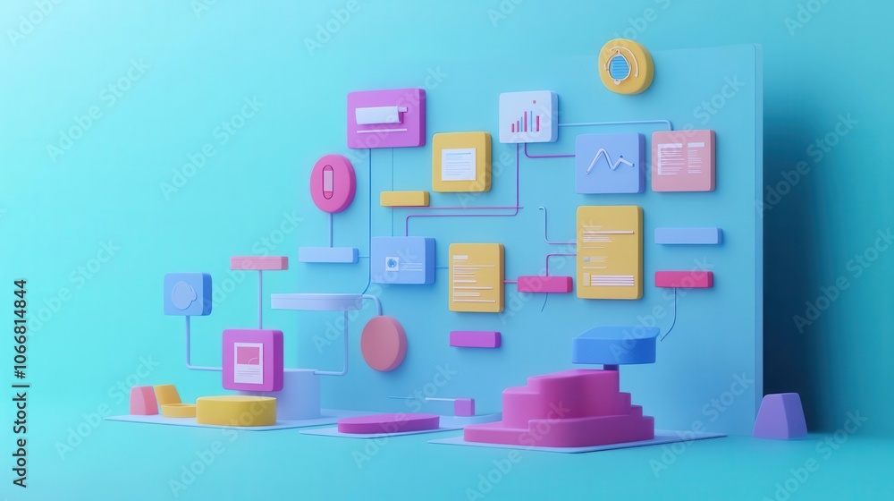 Poster a colorful, abstract representation of data flow, featuring geometric shapes and charts on a bright 