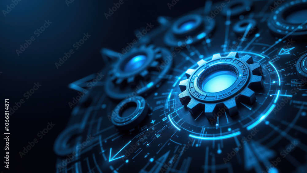 Poster image of a complex system with gears and blue digital elements, representing ci/cd processes.