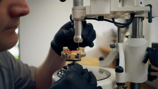 close up professional laboratory for the production of dental protoses veneers and crowns a specialist adjusts a crown to the shape of a person's jaw gums professional equipment