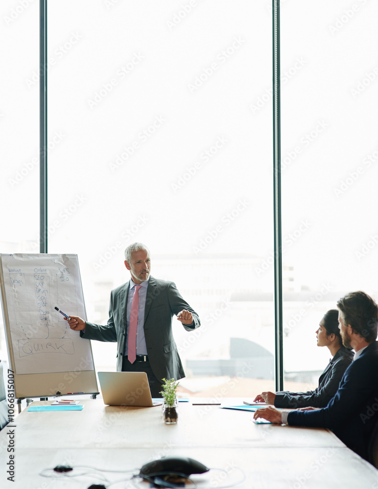 Poster speaker, presentation and mature business man in meeting for ux workshop, planning and marketing fun