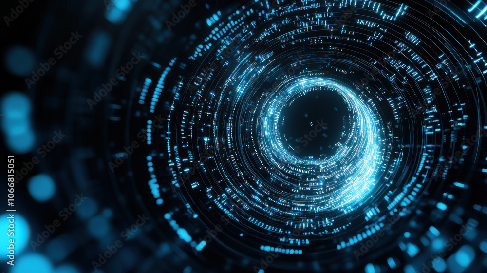 Poster dynamic vortex of digital signals creates mesmerizing visual effect, showcasing swirling blue lights