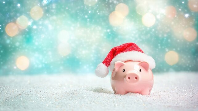 A cheerful piggy bank dons a Santa hat, standing on a sparkling surface, embodying the spirit of festive savings this holiday season