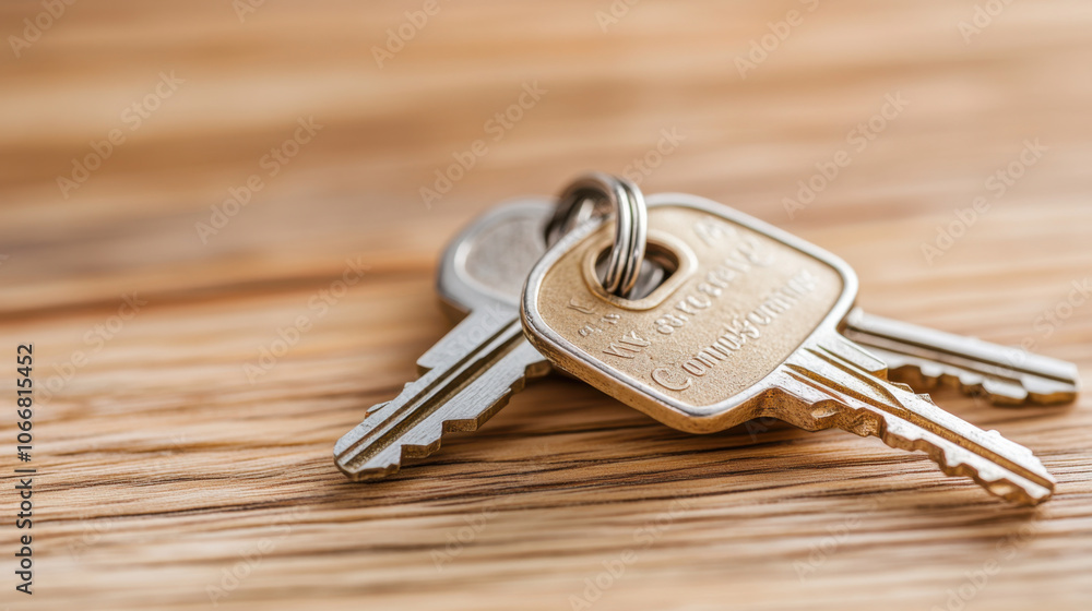 Poster keys on wooden surface, showcasing close up view of their details and textures. image captures essen