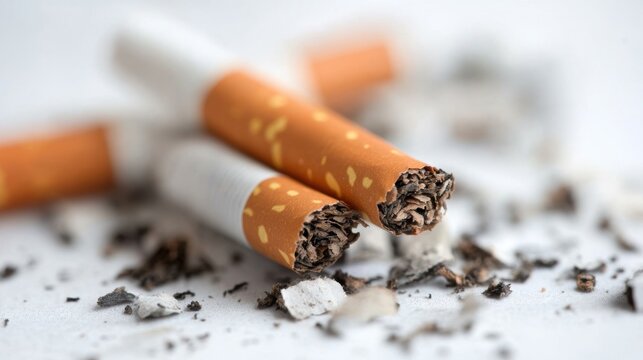 A detailed look at broken cigarettes alongside loose tobacco remnants, emphasizing the waste produced by smoking