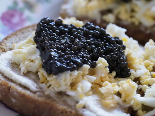 Gourmet Breakfast with Black Caviar, Egg, and Butter on Bread on a Floral Patterned Plate