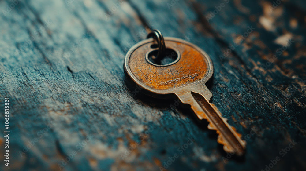 Poster close up macro photograph of rustic key resting on weathered wooden surface, showcasing its aged tex