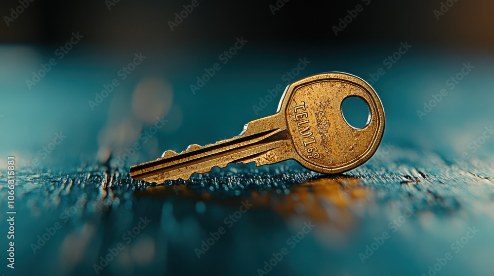 Poster close up macro photograph of golden key resting on textured surface, showcasing intricate details an