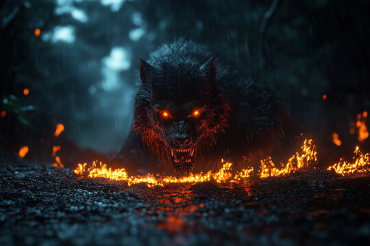 Giant werewolf with red eyes on night forest background.