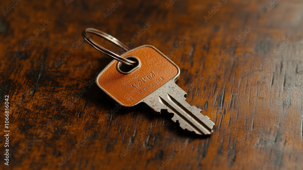Poster close up photograph of vintage key on wooden surface, showcasing its unique design and texture. key 