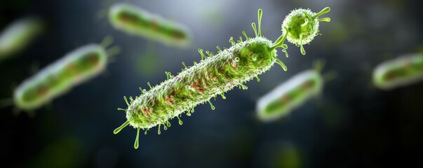 Naklejka premium A microscopic view of green bacteria, showcasing their elongated shapes and textures in a vibrant, illuminated environment.