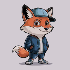 A 3D vector art style cartoon of a stylized fox character wearing modern, casual clothes including a cap and jacket