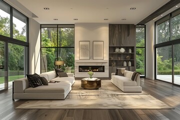 Simple Home Interior. Luxurious Living Room with Hardwood Floors and Fireplace