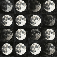 Obraz premium Full moon phases pattern with cosmic background in black. Seamless pattern.