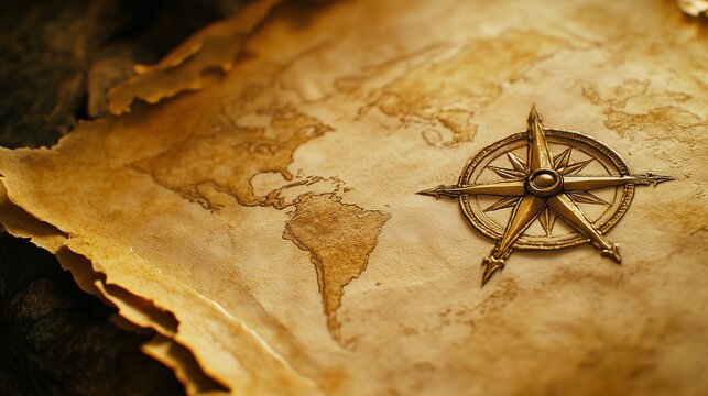Aged world map printed on yellowed parchment with a decorative brass compass rose, evoking a sense of exploration and adventure, with intricate detailing and warm earthy tones