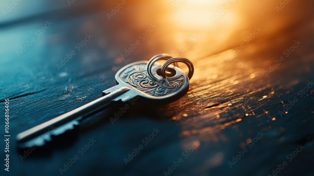 Poster close up macro photograph of vintage key resting on wooden surface, illuminated by warm light, creat