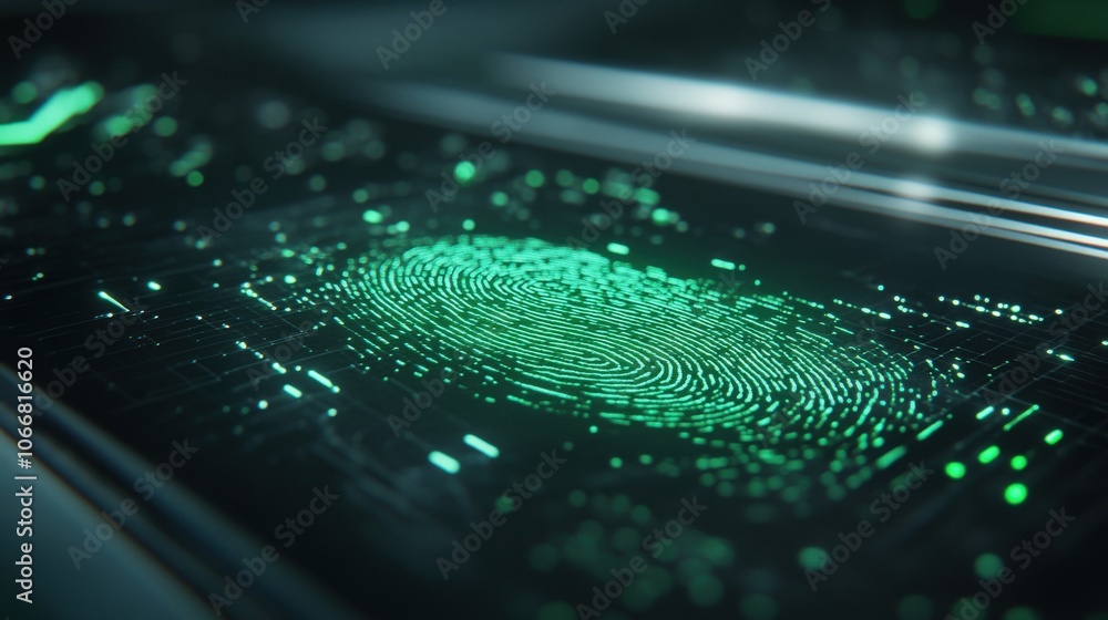 Poster a detailed view of a fingerprint being scanned on a sleek digital surface, highlighting the integrat