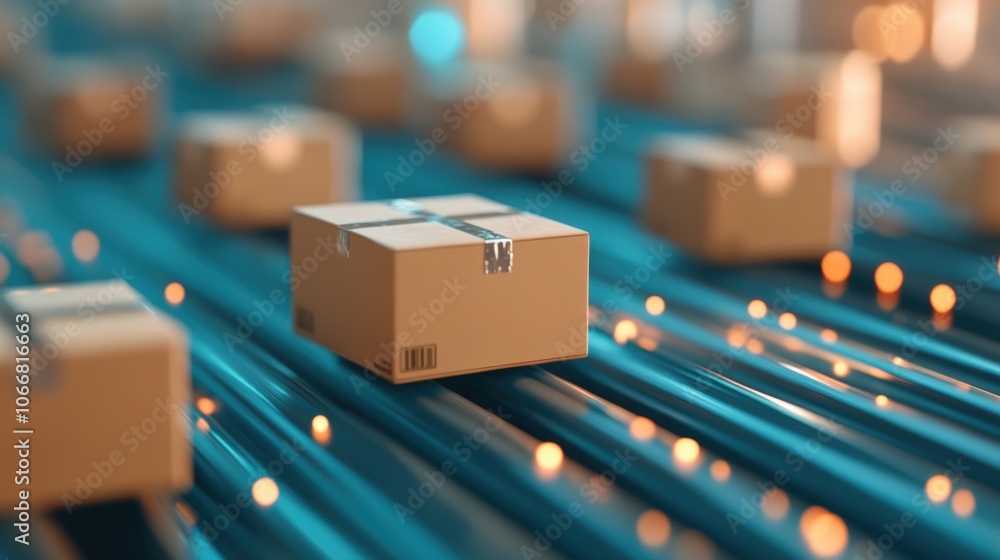 Poster a close-up of cardboard boxes on a conveyor belt, highlighting a busy logistics or delivery environm