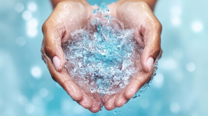 Fototapeta premium Two hands cupping a splash of clear water against a blue background, symbolizing freshness, purity, and the importance of clean water.