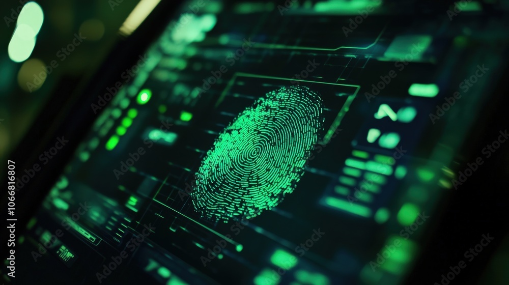 Poster a fingerprint is being scanned on a glowing digital interface, showcasing intricate lines and patter