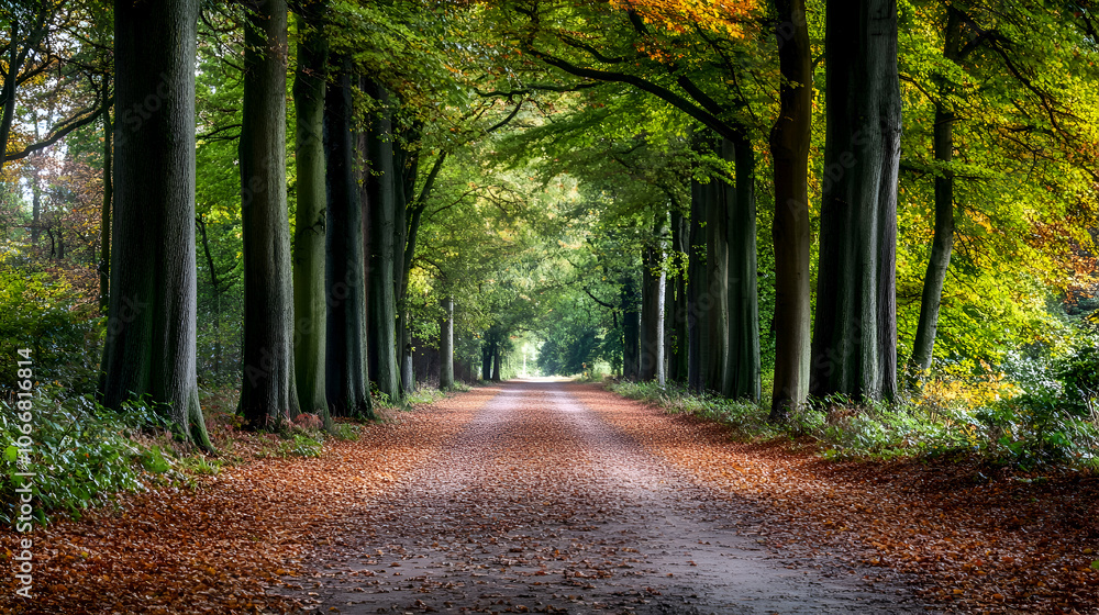 Poster a path through a forest with trees on both sides and autumn leaves on the ground.