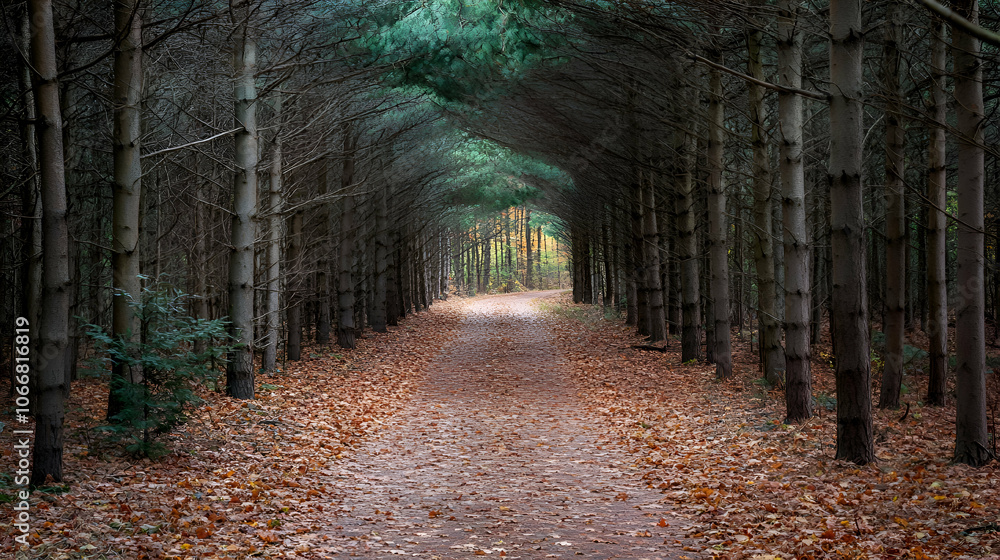 Poster a path through a forest of tall trees with fallen leaves on the ground.