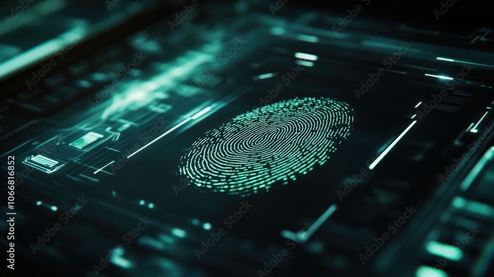 Poster a fingerprint is being scanned on a digital device, highlighting the intricate details of the print 