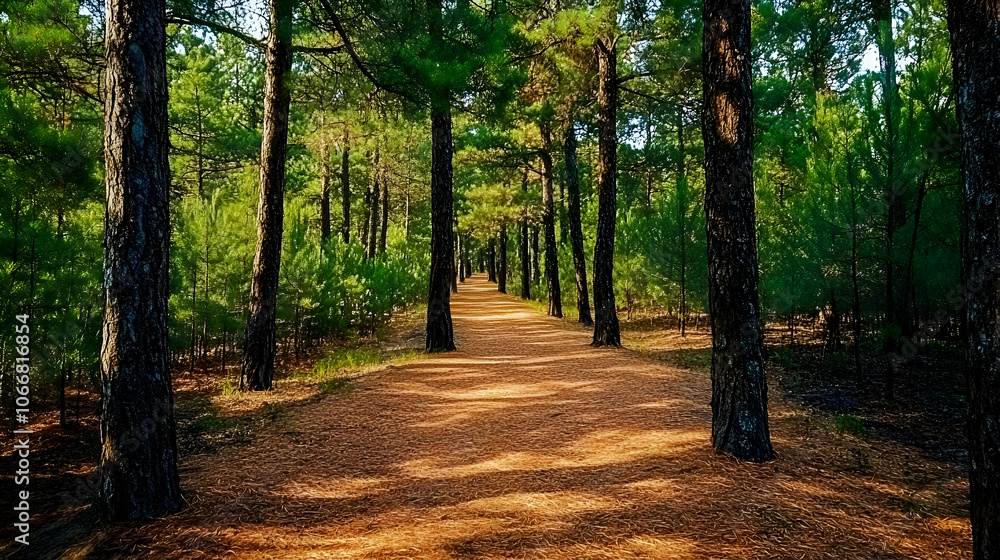 Poster a path through a pine forest with sunlight dappling the ground.