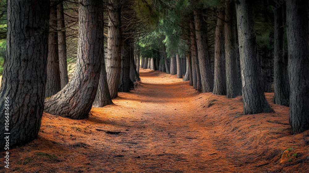 Poster a path through a pine forest, the sunlight filtering through the trees creates a warm glow on the gr
