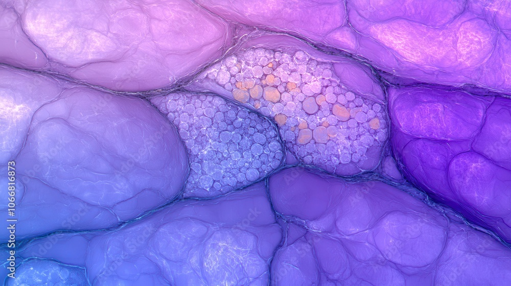 Poster a vibrant close-up of cellular structures displaying shades of purple and blue, revealing intricate 