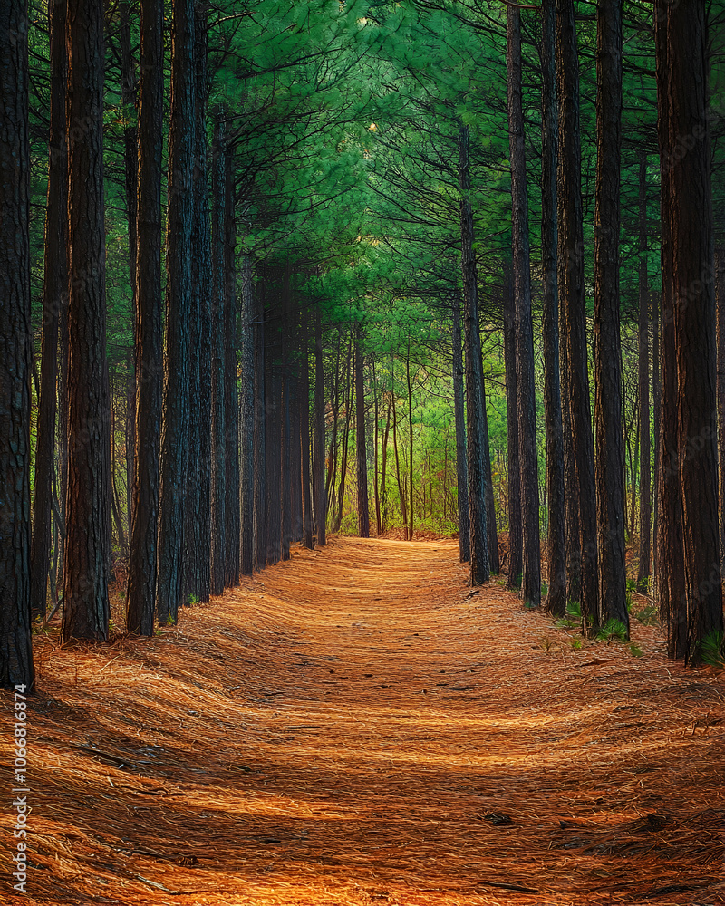 Poster a path through a pine forest with tall trees lining the sides.