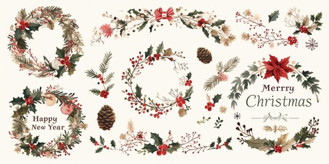 Watercolor Christmas Cards with Winter Wreaths, Pine Cones, and Holly Berries &ndash; Simple, Minimalist Design Featuring 'Merry Christmas' and 'Happy New Year' on White Background
