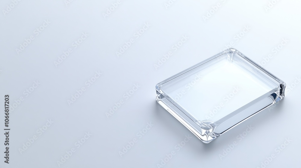 Poster a clear rectangular glass display object rests on a smooth, light surface, showcasing simplicity and