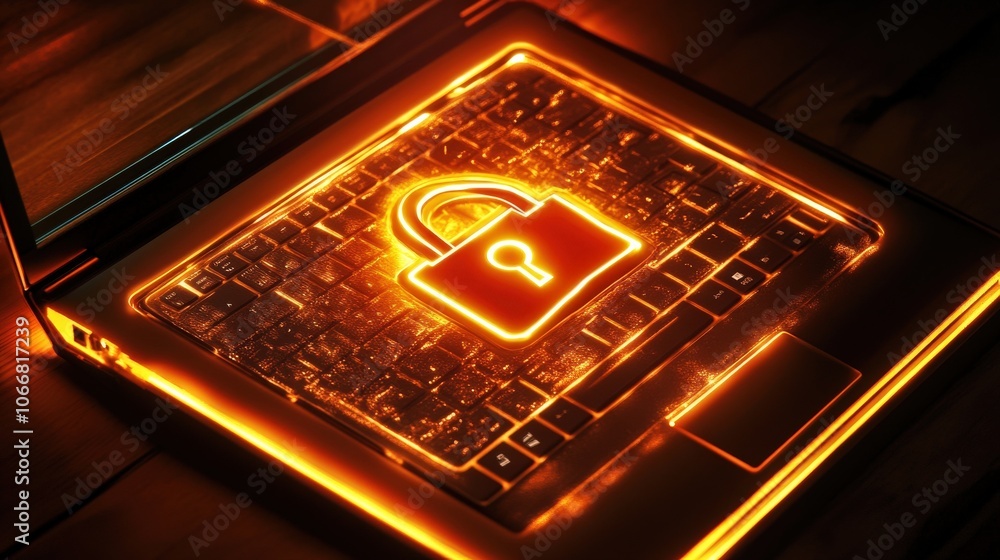 Poster a close-up view reveals a laptop keyboard illuminated by a vibrant padlock symbol, emphasizing theme
