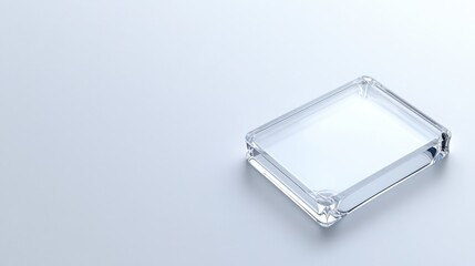 A clear rectangular glass display object rests on a smooth, light surface, showcasing simplicity and elegance.
