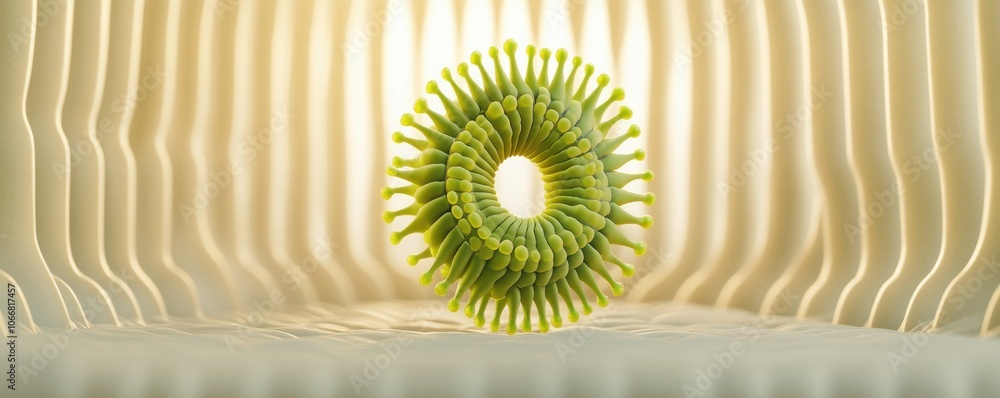 Poster a vibrant green circular structure centered in a softly lit, wavy background, creating an appealing 