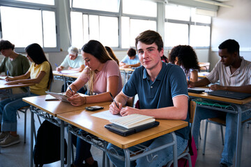 Obraz premium Portrait confident young Caucasian man student sitting at desk with classmates in classroom. Group high school colleagues working concentrated in class. Adolescent male poses looking happy at camera