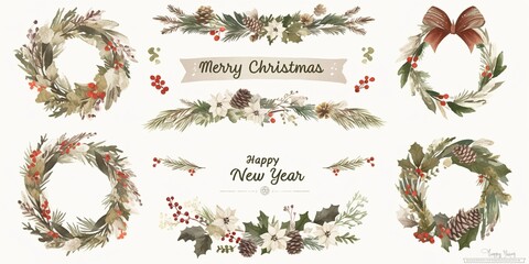 Watercolor Christmas Cards with Winter Wreaths, Pine Cones, and Holly Berries &ndash; Simple, Minimalist Design Featuring 'Merry Christmas' and 'Happy New Year' on White Background