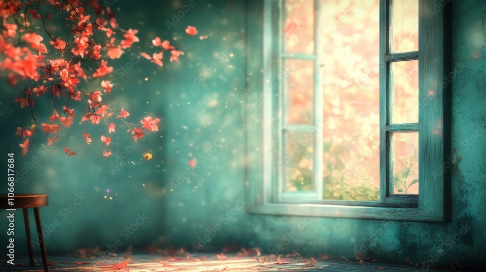 Poster a dreamy, magical view of red autumn leaves and soft sunlight streaming through an open window, crea