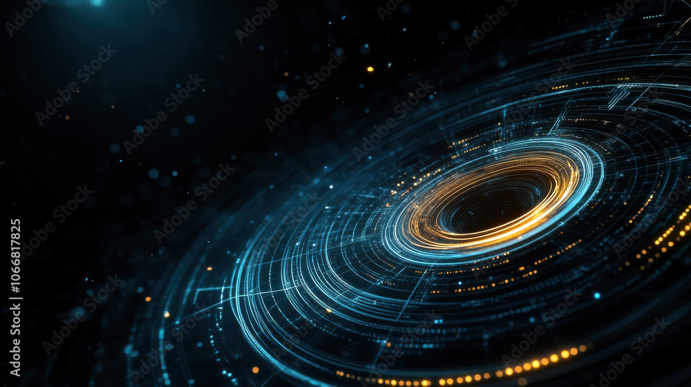 Poster mesmerizing vortex design featuring glowing blue and orange lines, creating futuristic digital effec