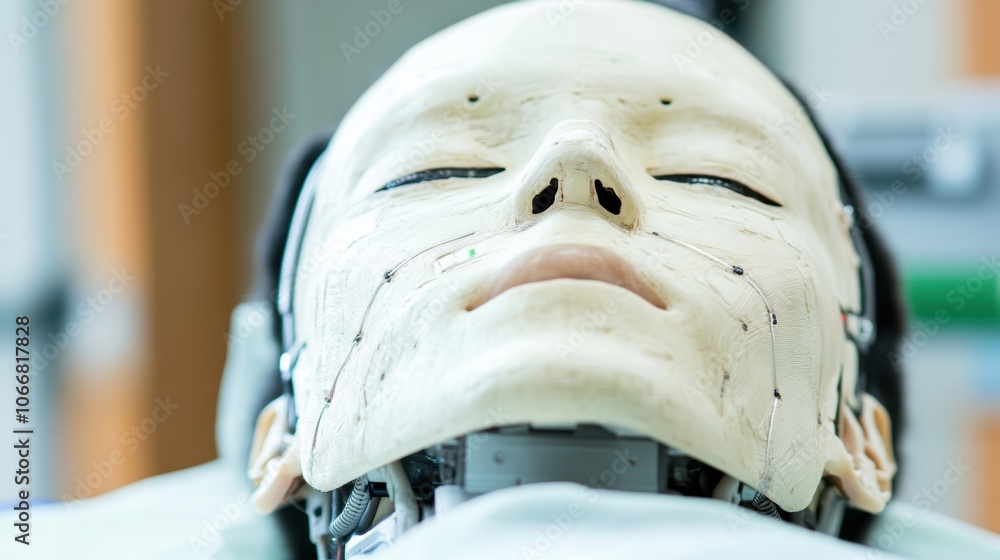 Poster close-up of a humanoid robot with a detailed synthetic human face, emphasizing the advancements in r