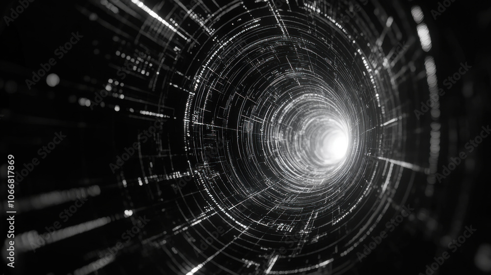 Poster retro futuristic interpretation of vortex with glowing lines and light. image captures sense of dept