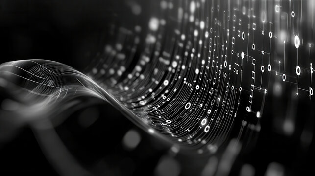 digital wave of binary code and circuits flowing in futuristic design, creating sense of motion and technology