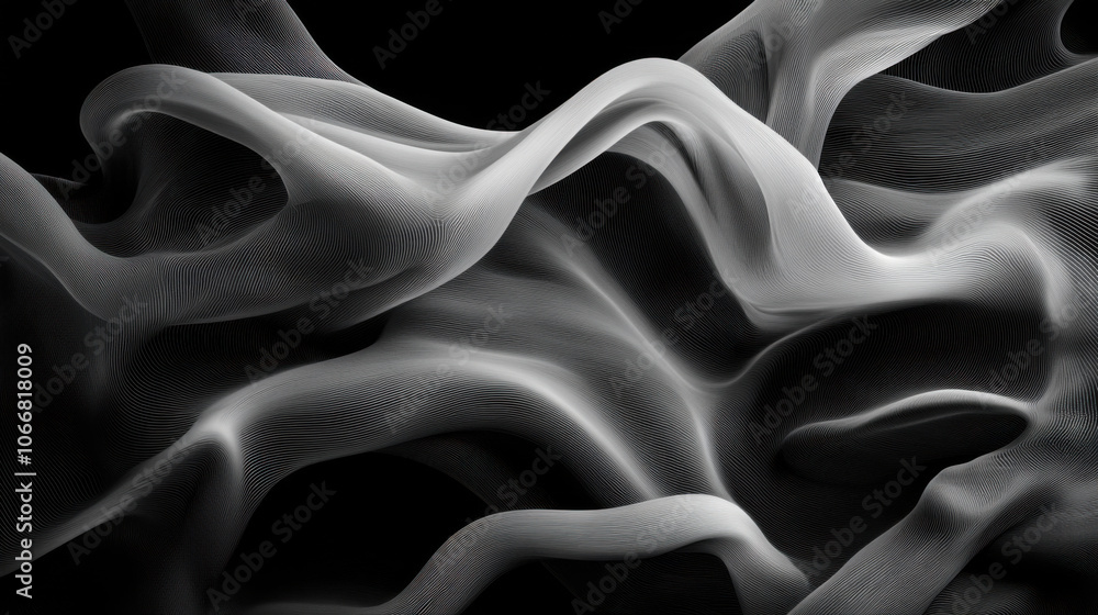 Poster swirling vortex of abstract digital signals in monochrome tones, creating dynamic and fluid visual e