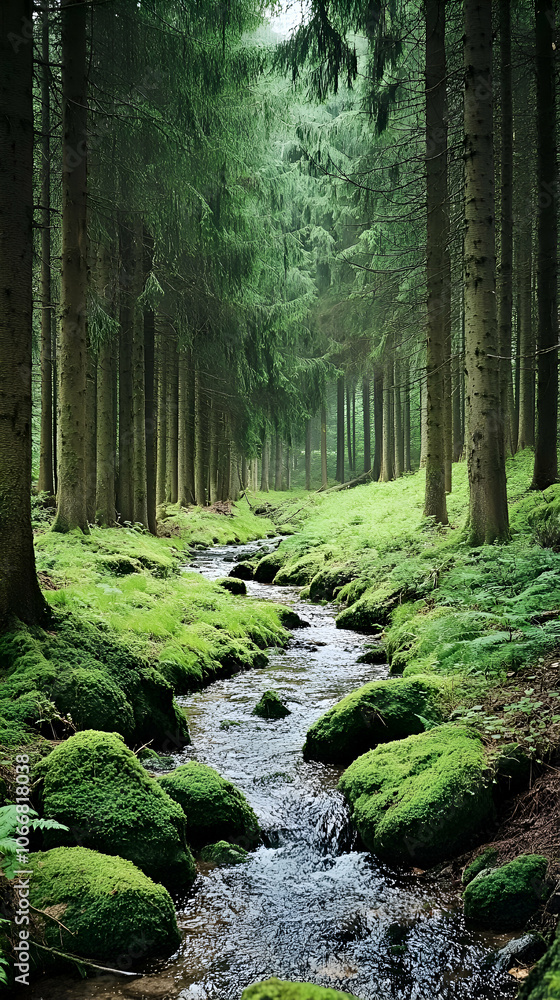 Poster a tranquil stream flows through a lush green forest, surrounded by towering trees and moss-covered r