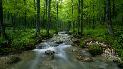 Fototapeta premium A tranquil stream flows through a lush green forest, creating a serene and peaceful atmosphere.