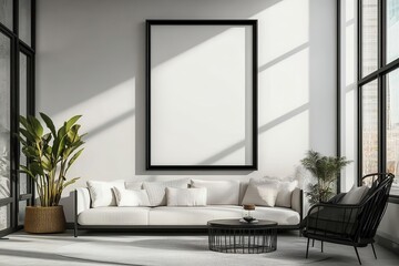 Fototapeta premium A bright, modern living room features a large blank frame, a stylish couch, and greenery, highlighting a minimalist aesthetic.