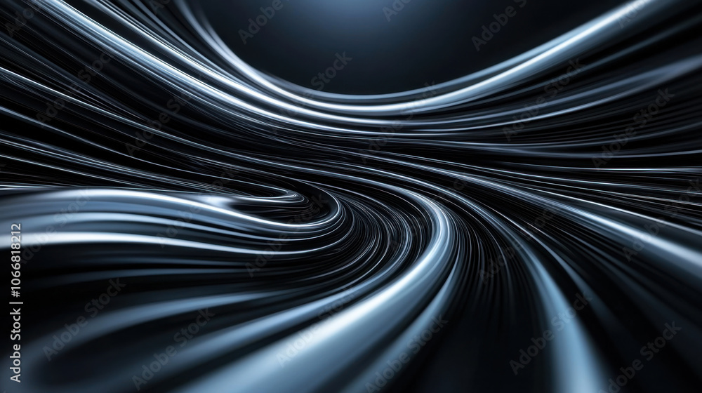 Poster sleek black and white digital vortex with flowing lines and curves, creating sense of depth and move